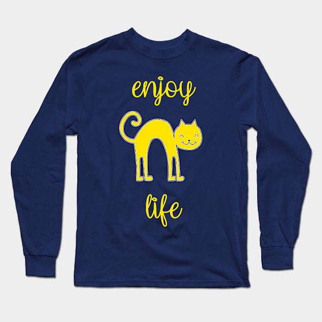 Enjoy life, happy cat face print, positive typographic print Long Sleeve T-Shirt by KINKDesign